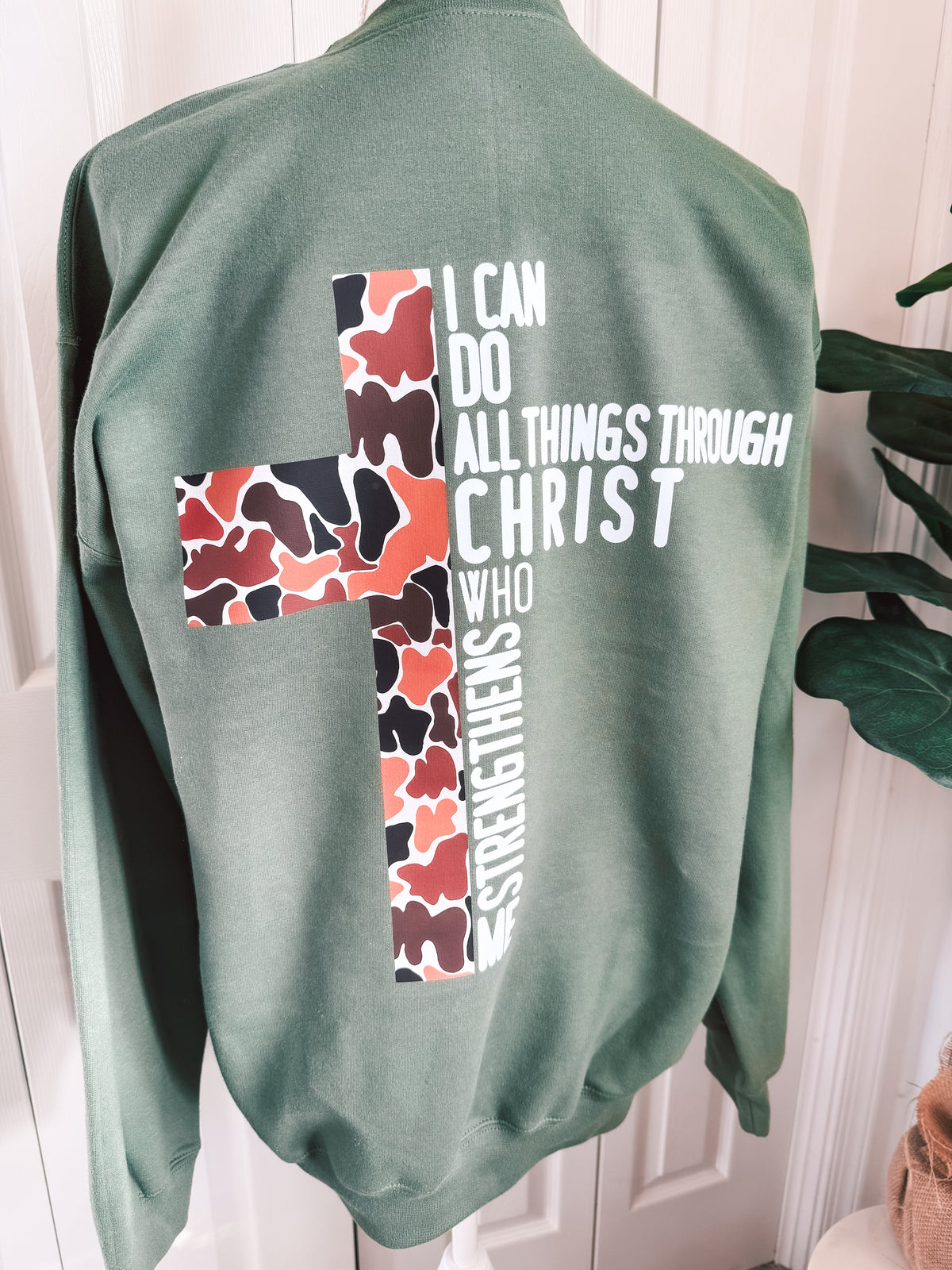 All Things Through Christ Duck Camo Crewneck — Floorboard Findings Boutique