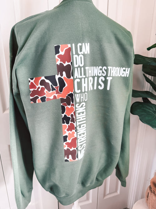 All Things Through Christ Duck Camo Crewneck — Floorboard Findings Boutique