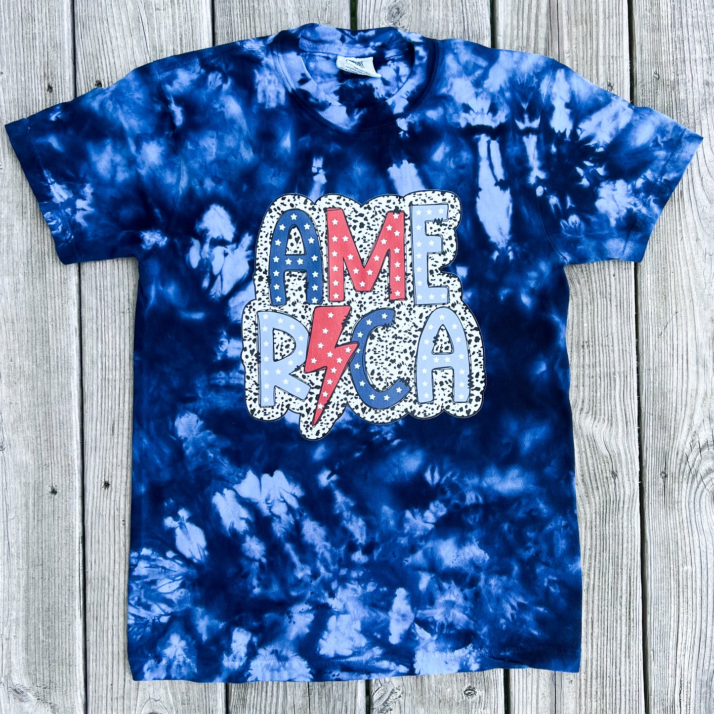 Spotted Dalmation Print "America" Tie Dye Tee