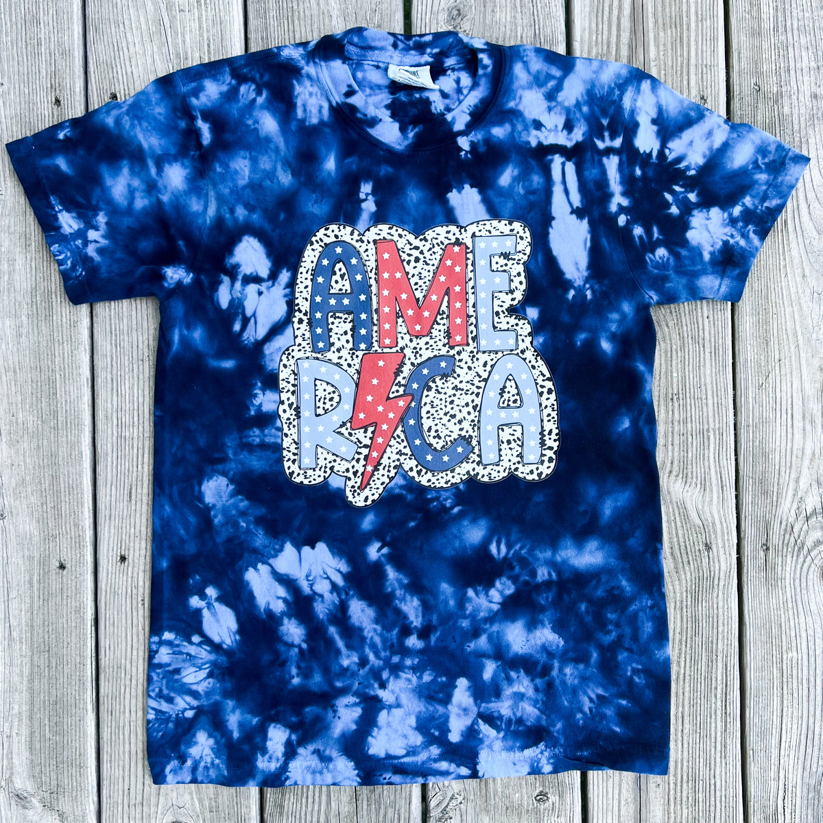 Spotted Dalmation Print "America" Ice Dye Tee — Floorboard Findings Boutique