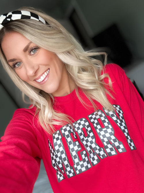 Checkered Merry Red Crewneck — Floorboard Findings Boutique