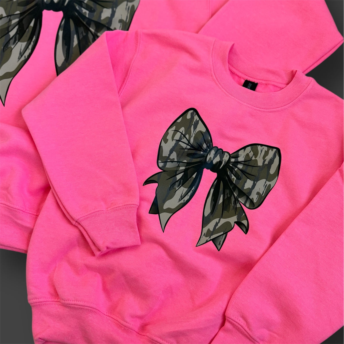 Youth Mini Girly Camo Bow Crewneck — Floorboard Findings Boutique