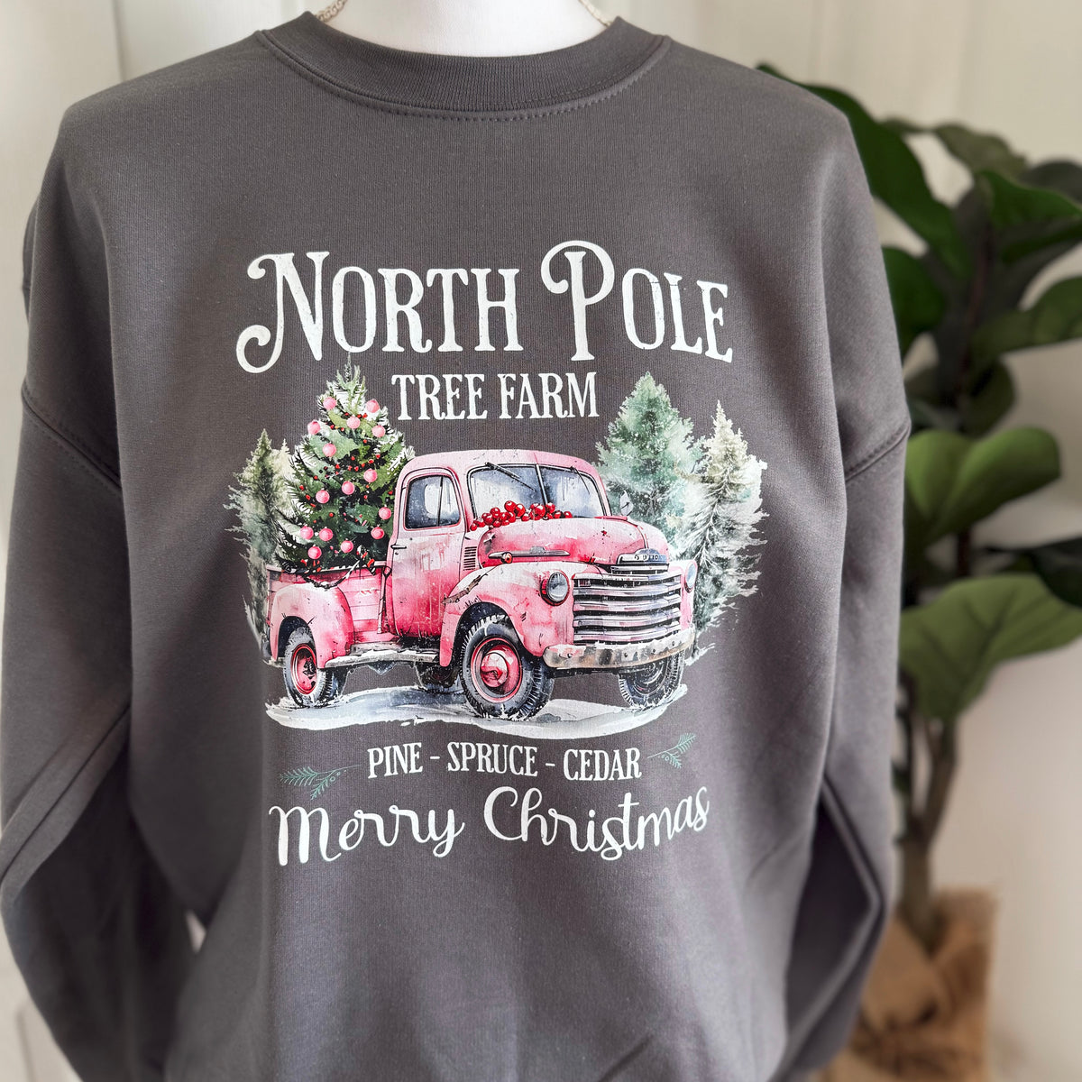 Charcoal North Pole Tree Farm Crewneck — Floorboard Findings Boutique