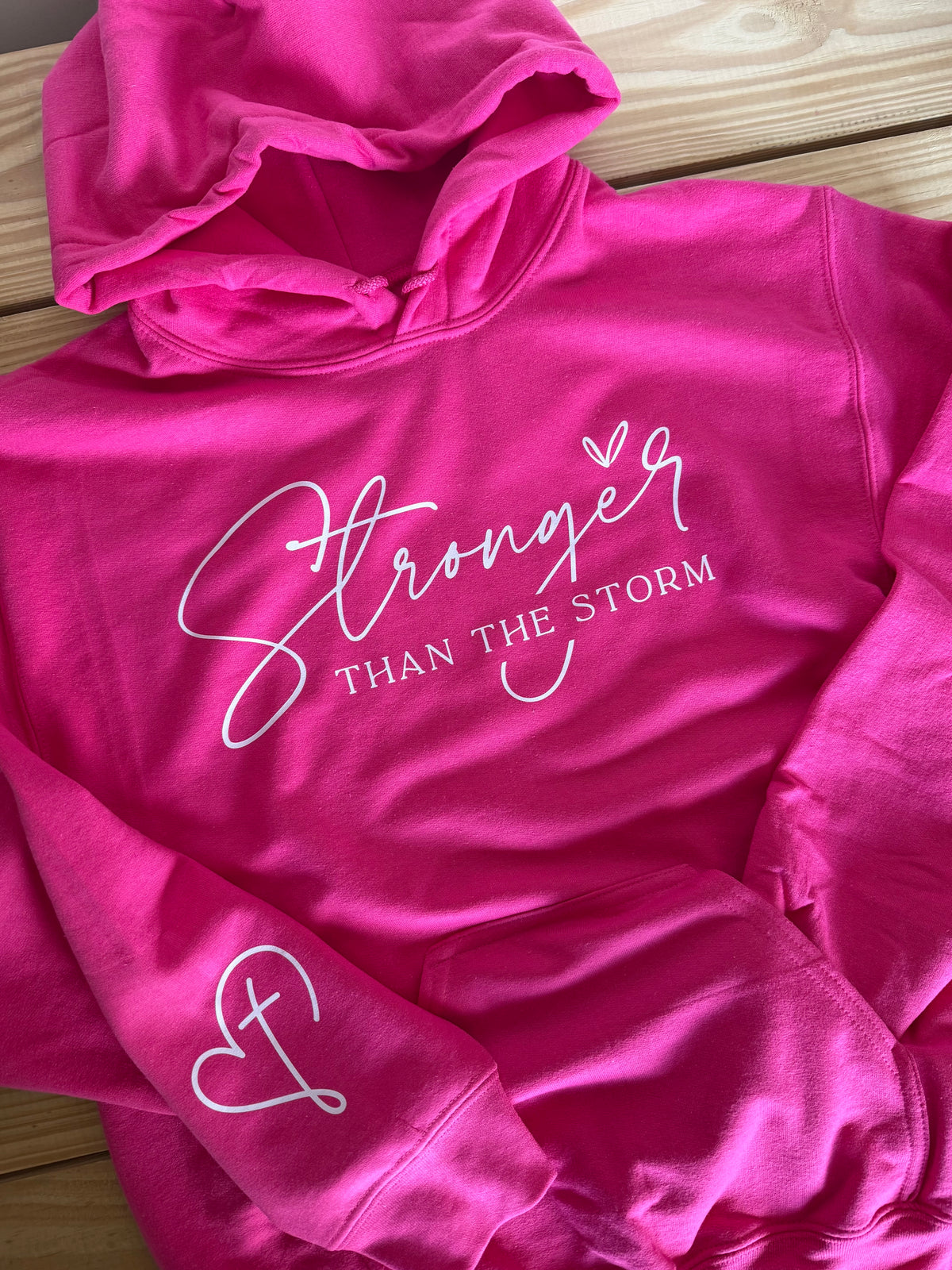 Pink Stronger Than The Storm Hoodies with sleeve print — Floorboard Findings Boutique