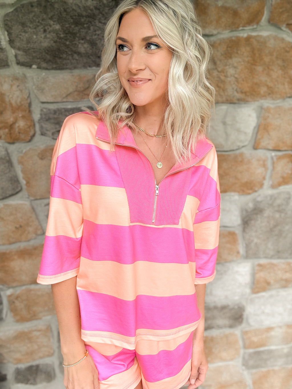 Stripe Seam Half Zip Oversize Tee Shorts Set, alternate view 2
