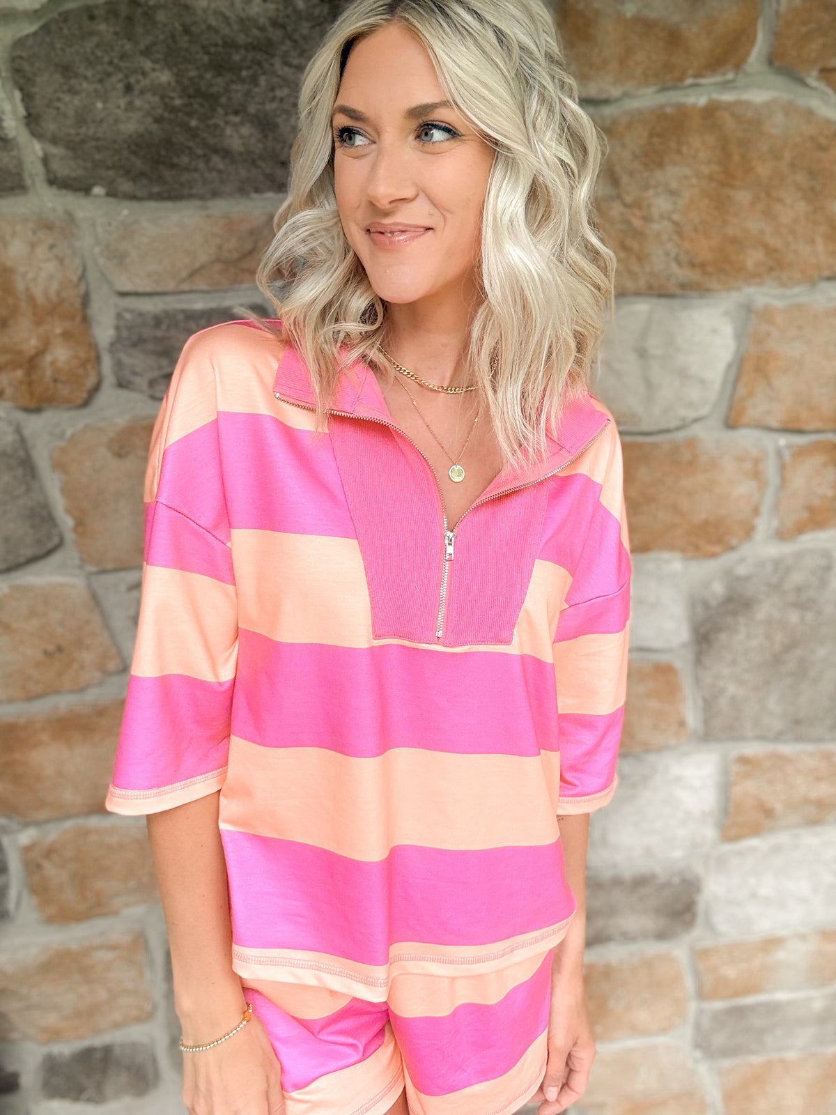 Stripe Seam Half Zip Oversize Tee Shorts Set, alternate view 2