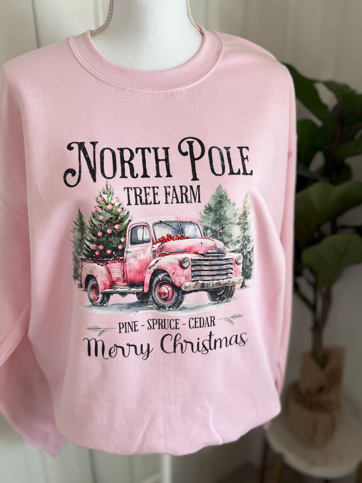 Pink North Pole Tree Farm Crewneck — Floorboard Findings Boutique