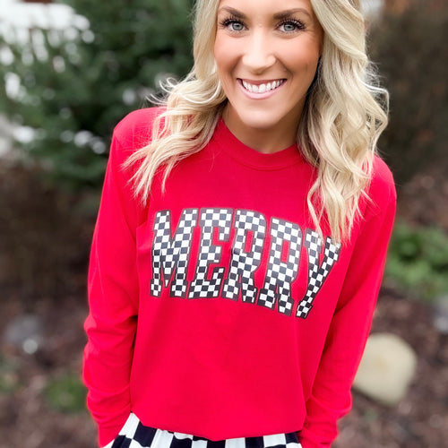 Checkered Merry Red Crewneck — Floorboard Findings Boutique