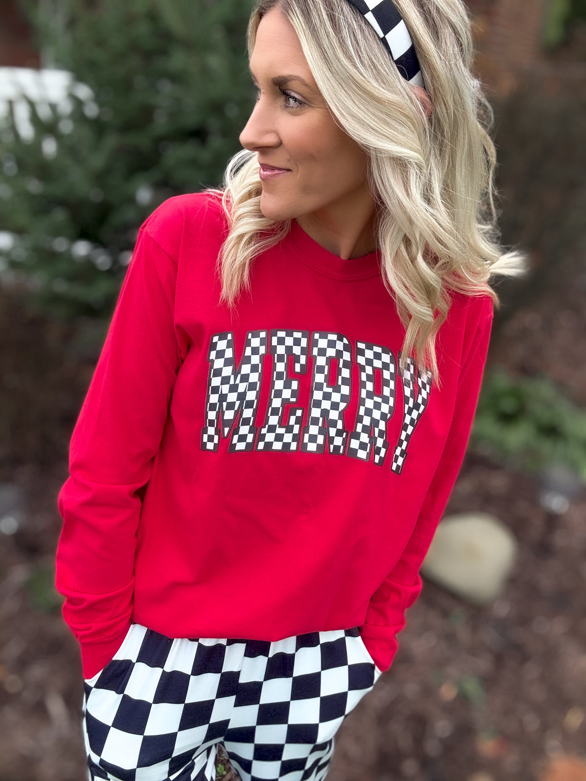 Checkered Merry Red Crewneck — Floorboard Findings Boutique