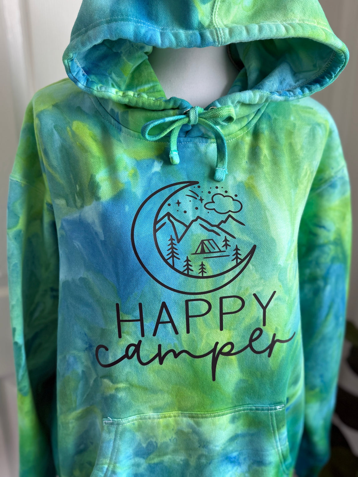 Happy Camper Ice Dyed Hoodie Green & Blue — Floorboard Findings Boutique