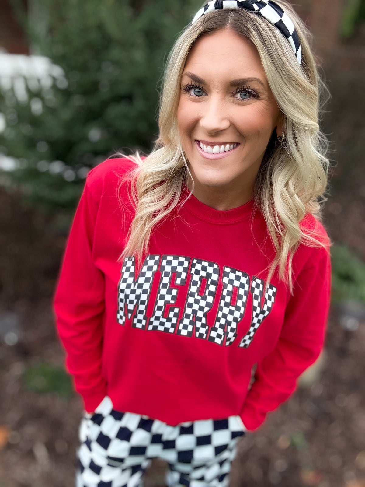 Checkered Merry Red Crewneck — Floorboard Findings Boutique