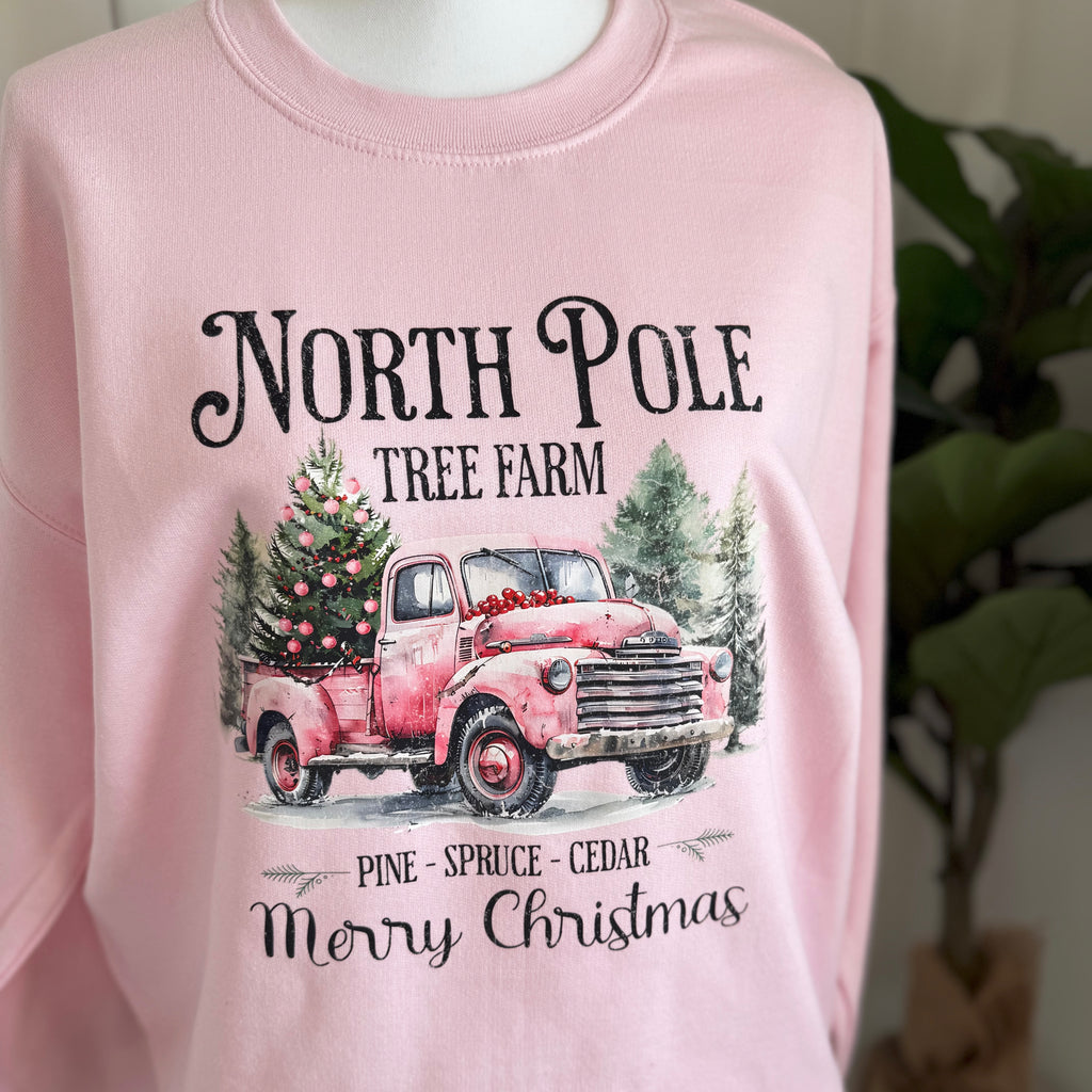 Pink North Pole Tree Farm Crewneck — Floorboard Findings Boutique
