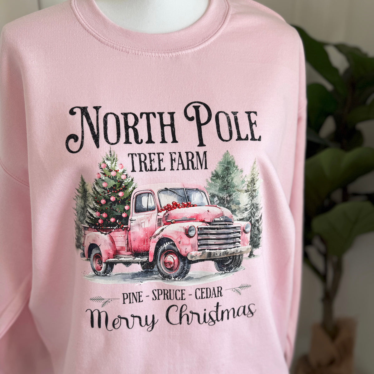 Pink North Pole Tree Farm Crewneck — Floorboard Findings Boutique