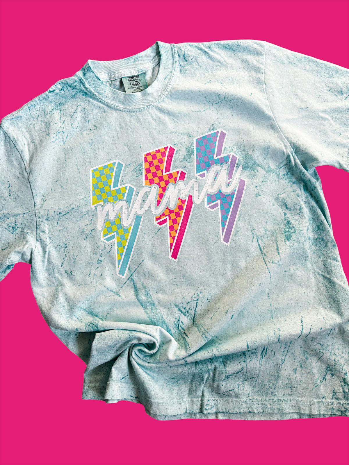 Neon Checkered Lightning Bolt Mama Tee — Floorboard Findings Boutique