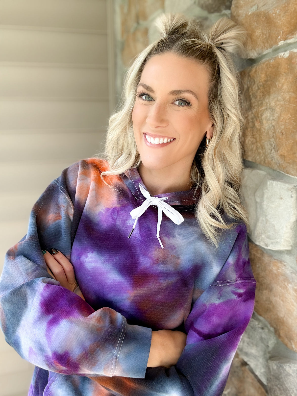 Maria in the Halloweentown ice-dyed hoodie, purple, orange and black, hand dyed in York, PA