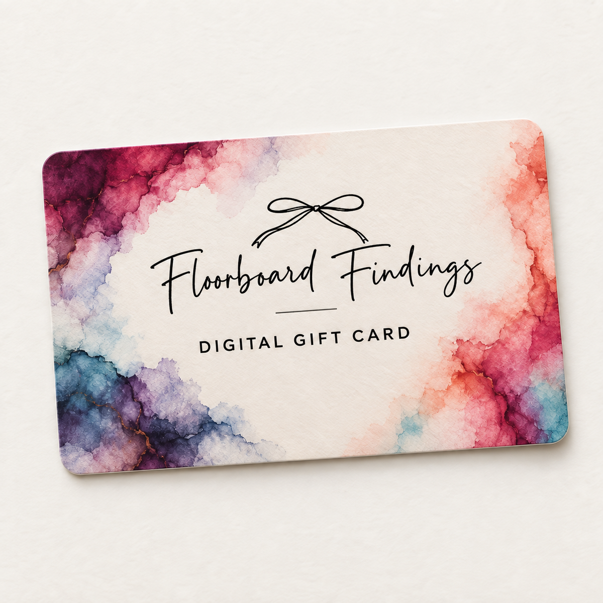 Floorboard Findings digital gift card featuring the official bow logo and ice-dye artwork