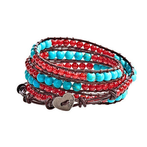 Kate - Turquoise & Red Beads with Dark Brown Leather 4 Wrap Bracelet