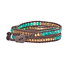 Load image into Gallery viewer, Deena - Gold Metal &amp; Green Multi Colored Beads with Dark Brown Leather 4 Wrap Bracelet