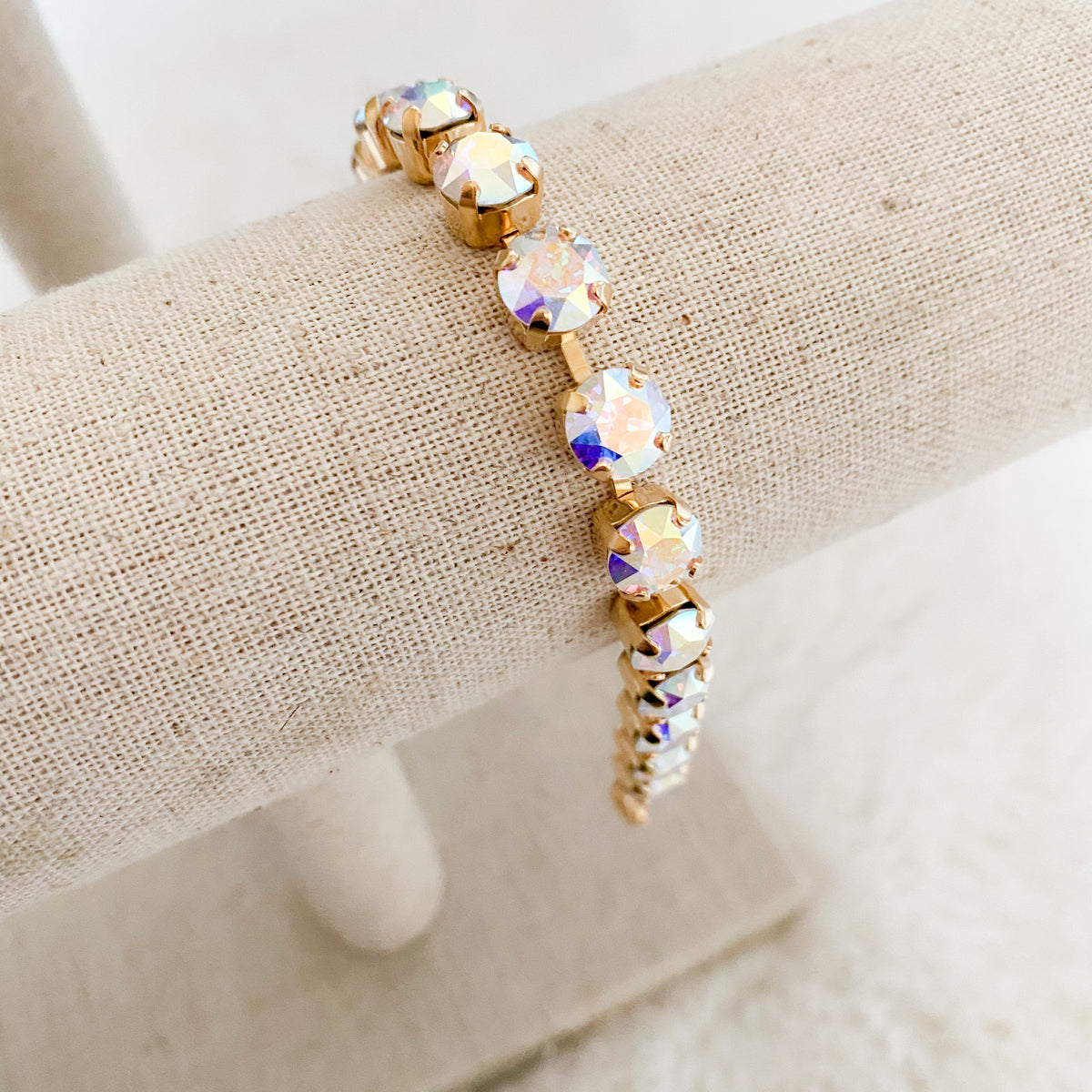 Floorboard Findings Swarovski Crystal Bracelet in Ab Crystal set in Shiny Gold — Floorboard Findings Boutique