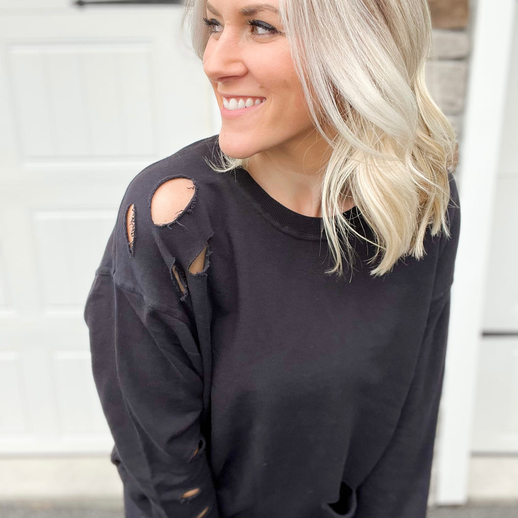 Distressed Long-Sleeve Pullover Top Black