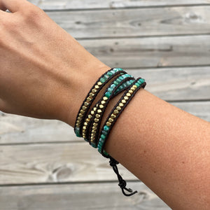 Deena - Gold Metal & Green Multi Colored Beads with Dark Brown Leather 4 Wrap Bracelet