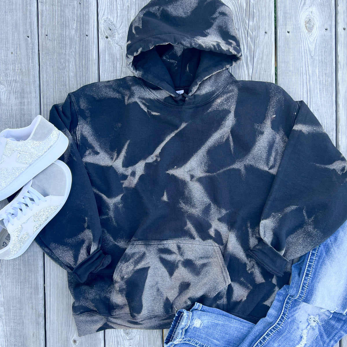Black Bleached Fleece Lined Hoodie — Floorboard Findings Boutique
