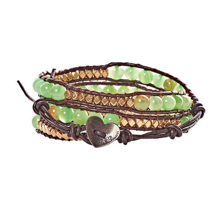 Halle - Gold Metal & Green Beads with Dark Brown Leather Triple Wrap Bracelet